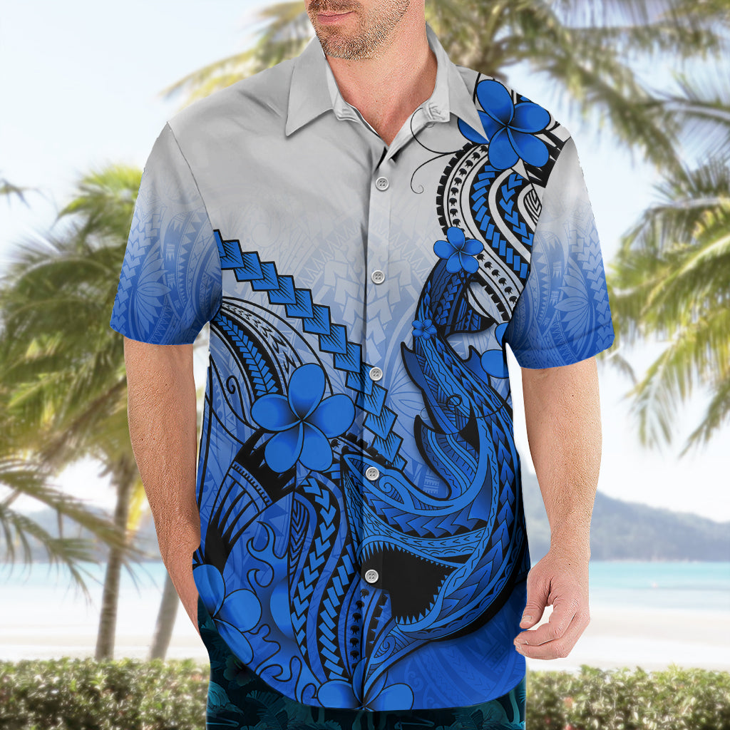 Hawaii Hawaiian Shirt Polynesian Shark Tattoo With Plumeria Blue Gradient - Wonder Print Shop