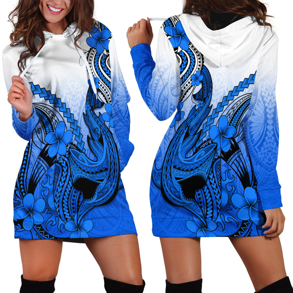Hawaii Hoodie Dress Polynesian Shark Tattoo With Plumeria Blue Gradient - Wonder Print Shop
