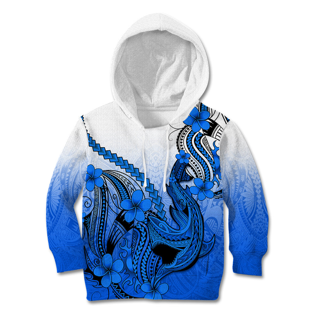 Hawaii Kid Hoodie Polynesian Shark Tattoo With Plumeria Blue Gradient - Wonder Print Shop