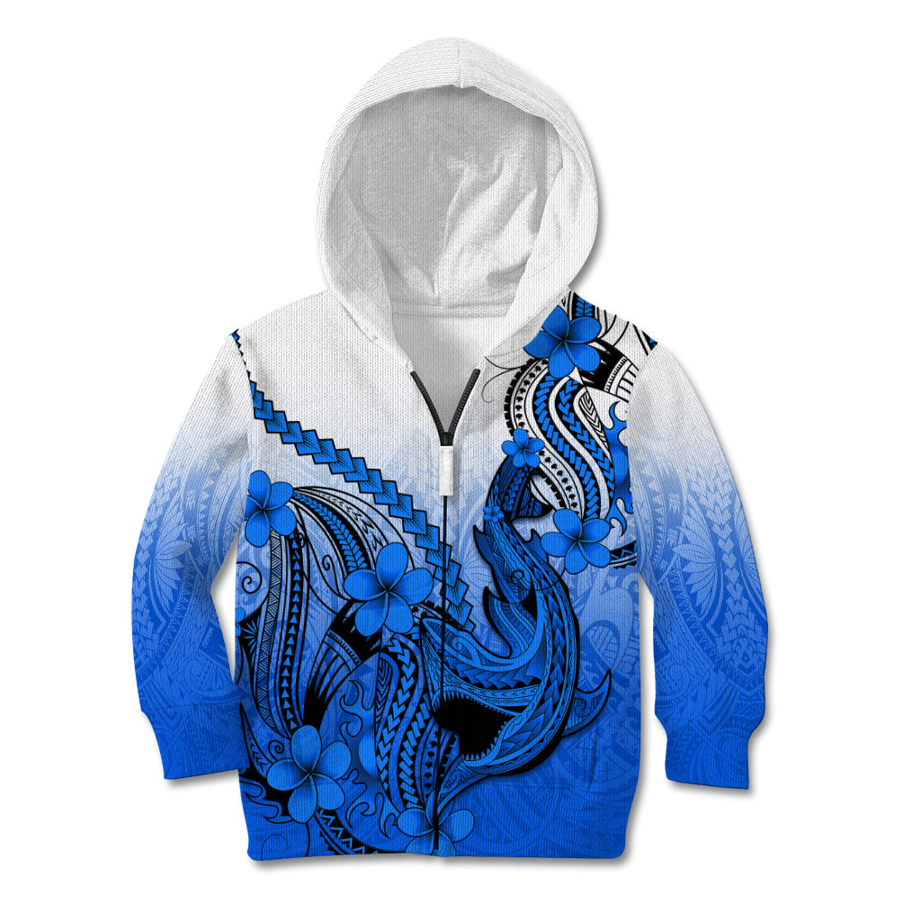 Hawaii Kid Hoodie Polynesian Shark Tattoo With Plumeria Blue Gradient - Wonder Print Shop