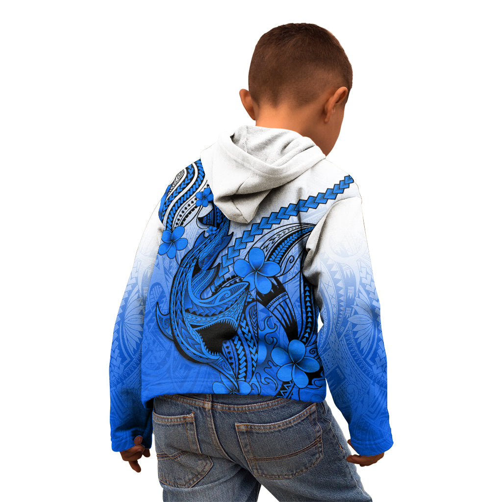 Hawaii Kid Hoodie Polynesian Shark Tattoo With Plumeria Blue Gradient - Wonder Print Shop