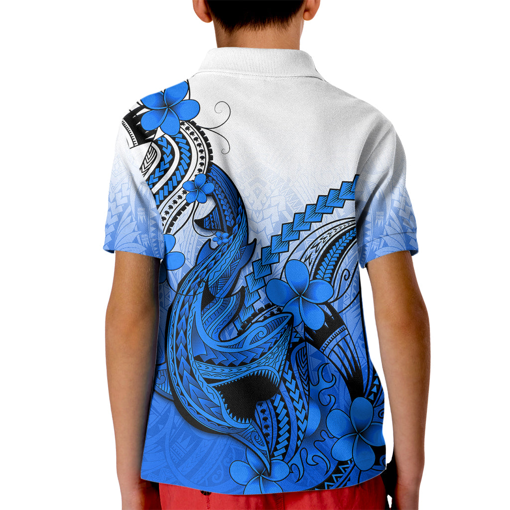 Hawaii Kid Polo Shirt Polynesian Shark Tattoo With Plumeria Blue Gradient - Wonder Print Shop