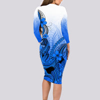 Hawaii Long Sleeve Bodycon Dress Polynesian Shark Tattoo With Plumeria Blue Gradient - Wonder Print Shop