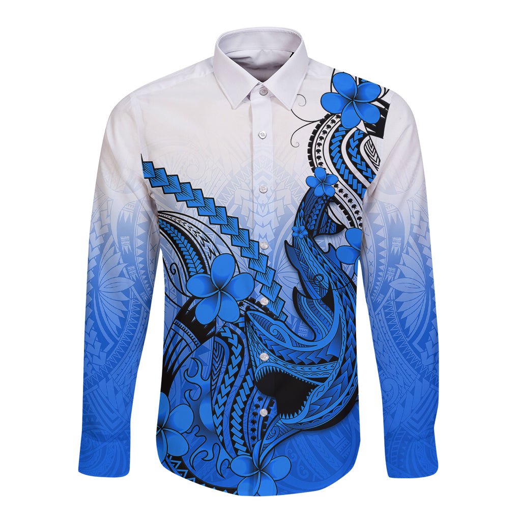 Hawaii Long Sleeve Button Shirt Polynesian Shark Tattoo With Plumeria Blue Gradient - Wonder Print Shop