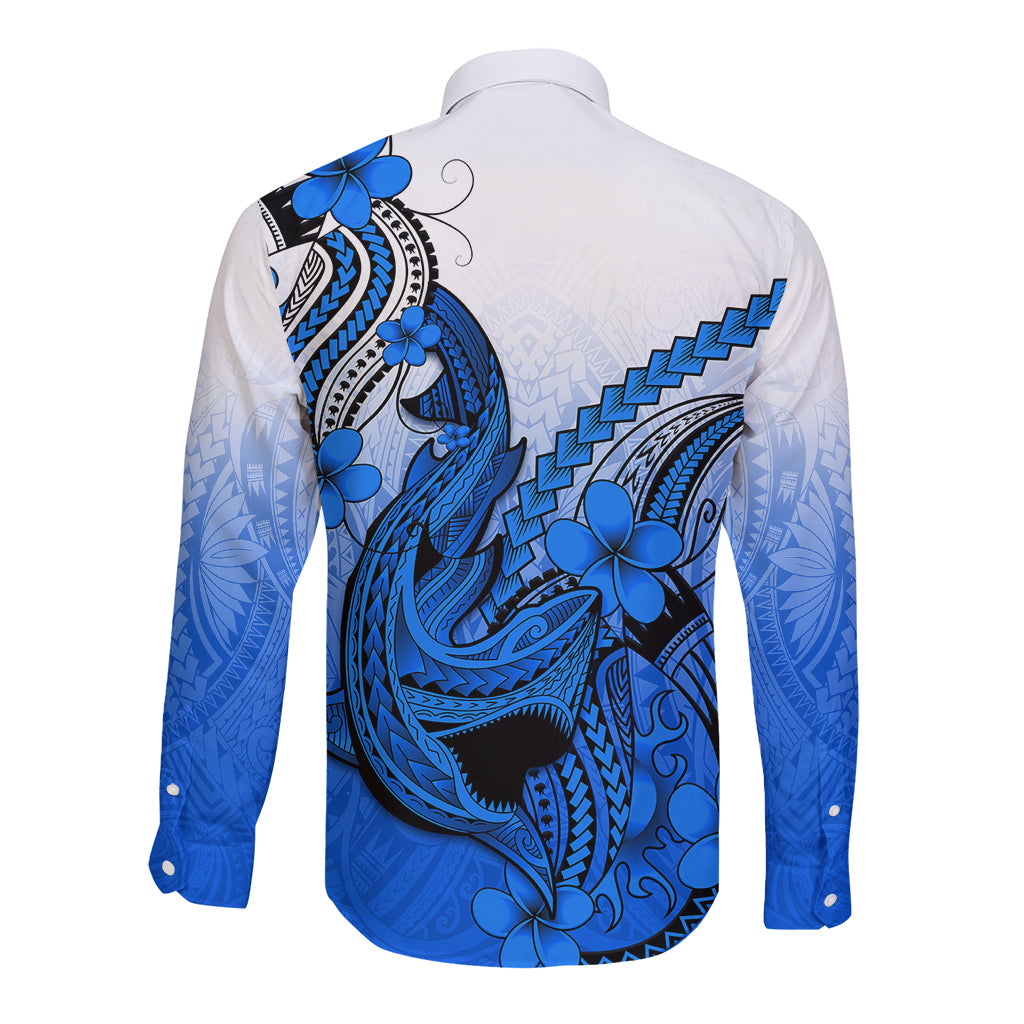 Hawaii Long Sleeve Button Shirt Polynesian Shark Tattoo With Plumeria Blue Gradient - Wonder Print Shop