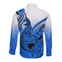 Hawaii Long Sleeve Button Shirt Polynesian Shark Tattoo With Plumeria Blue Gradient - Wonder Print Shop