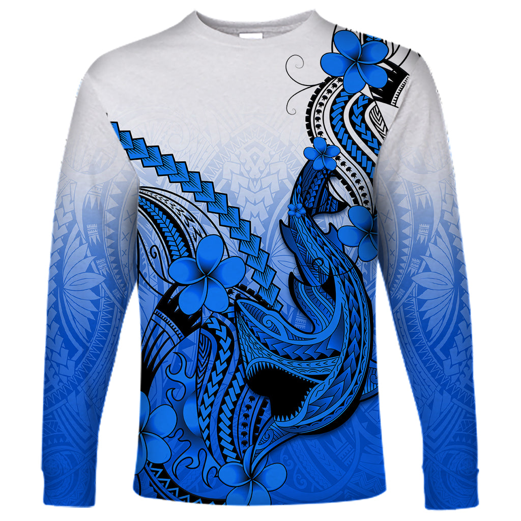 Hawaii Long Sleeve Shirt Polynesian Shark Tattoo With Plumeria Blue Gradient - Wonder Print Shop