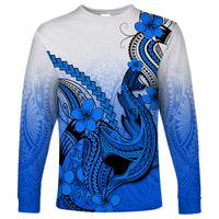 Hawaii Long Sleeve Shirt Polynesian Shark Tattoo With Plumeria Blue Gradient - Wonder Print Shop