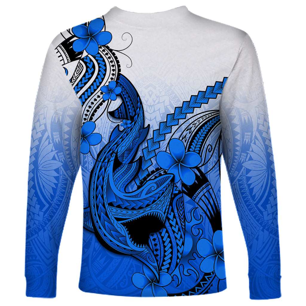 Hawaii Long Sleeve Shirt Polynesian Shark Tattoo With Plumeria Blue Gradient - Wonder Print Shop