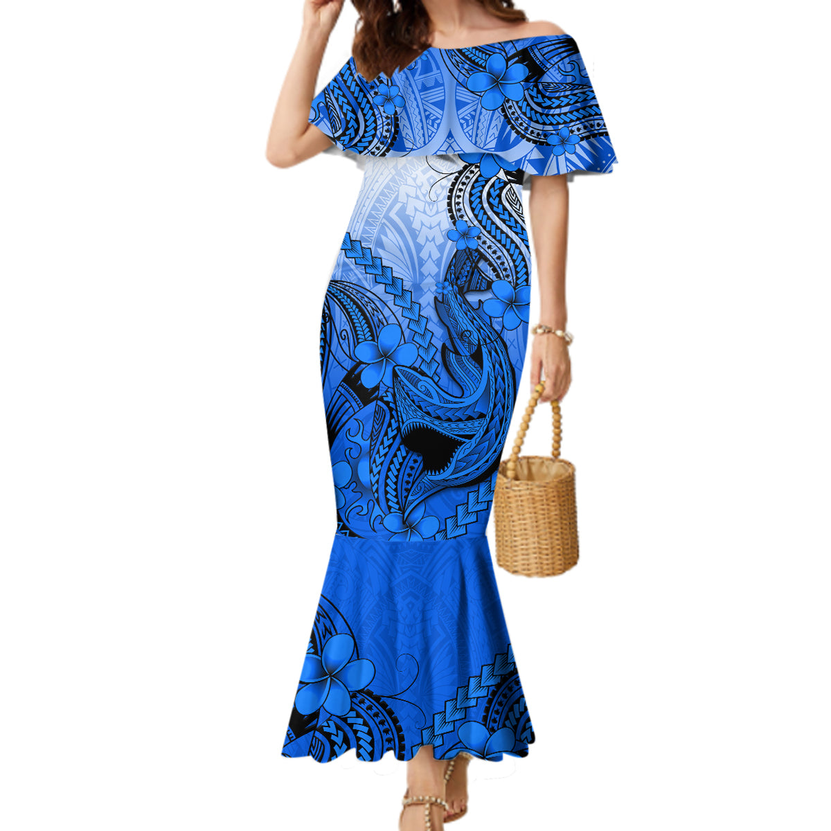 Hawaii Mermaid Dress Polynesian Shark Tattoo With Plumeria Blue Gradient - Wonder Print Shop