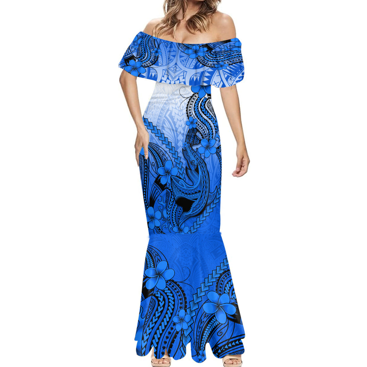 Hawaii Mermaid Dress Polynesian Shark Tattoo With Plumeria Blue Gradient - Wonder Print Shop