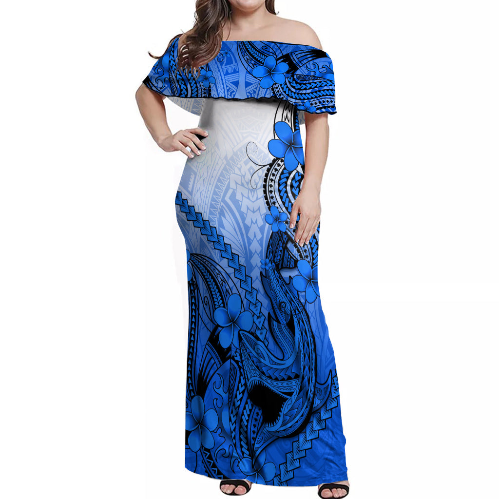 Hawaii Off Shoulder Maxi Dress Polynesian Shark Tattoo With Plumeria Blue Gradient - Wonder Print Shop
