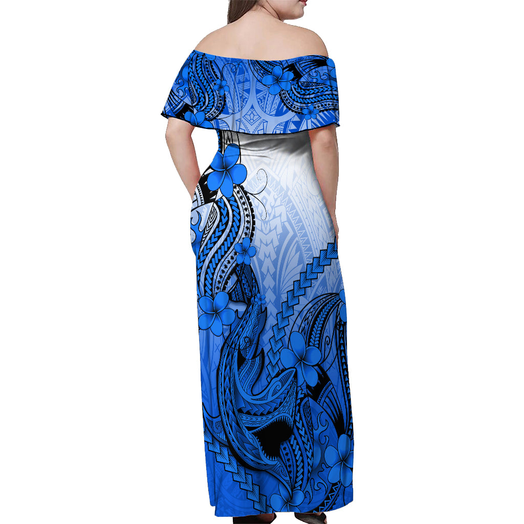 Hawaii Off Shoulder Maxi Dress Polynesian Shark Tattoo With Plumeria Blue Gradient - Wonder Print Shop