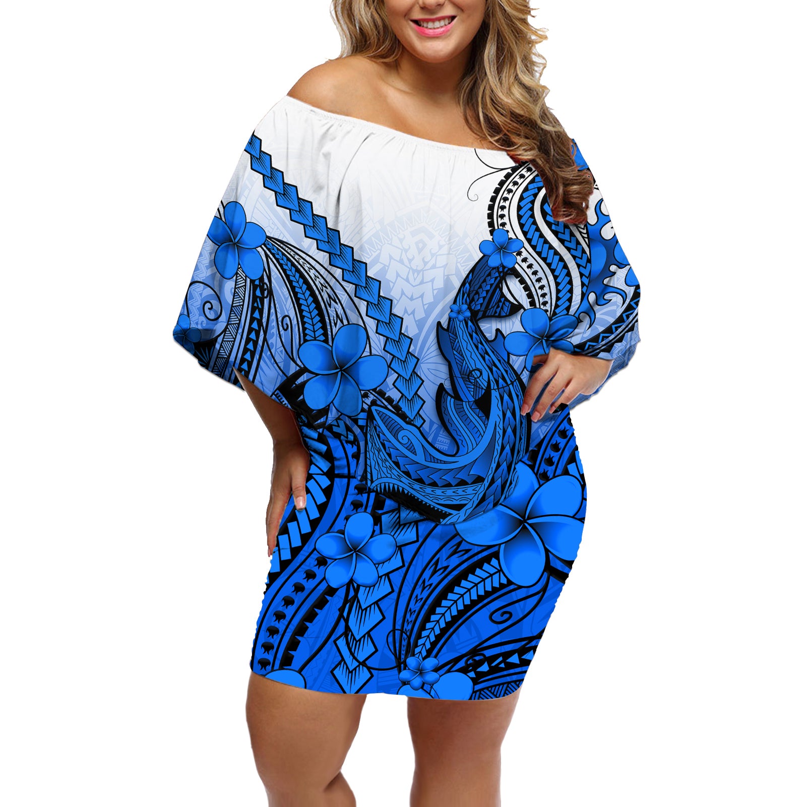 Hawaii Off Shoulder Short Dress Polynesian Shark Tattoo With Plumeria Blue Gradient - Wonder Print Shop