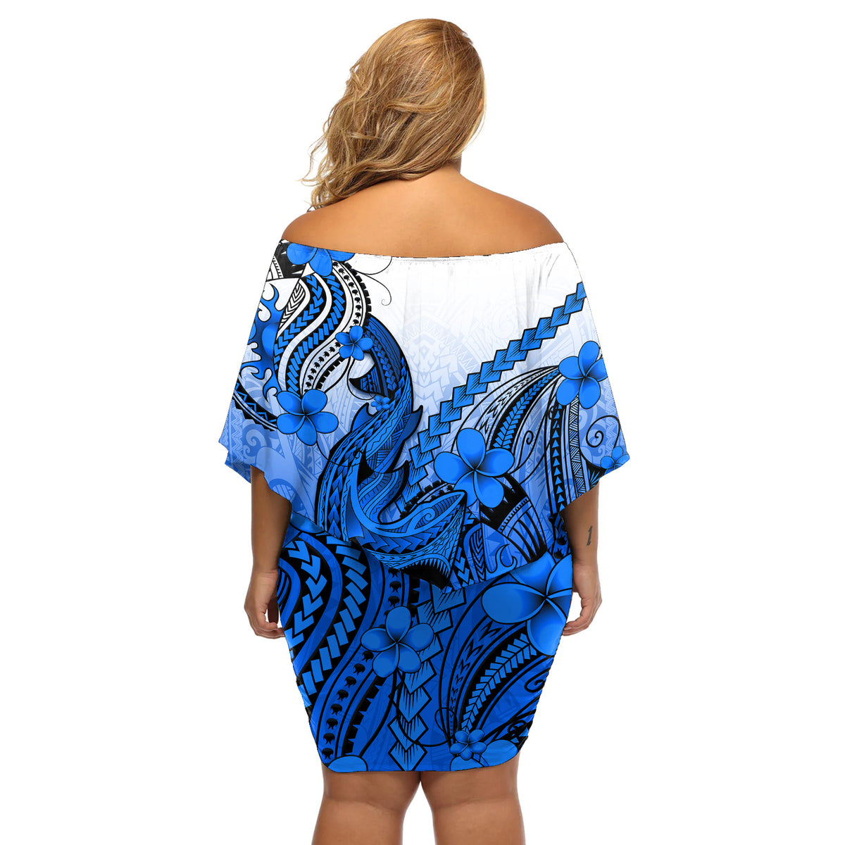 Hawaii Off Shoulder Short Dress Polynesian Shark Tattoo With Plumeria Blue Gradient - Wonder Print Shop