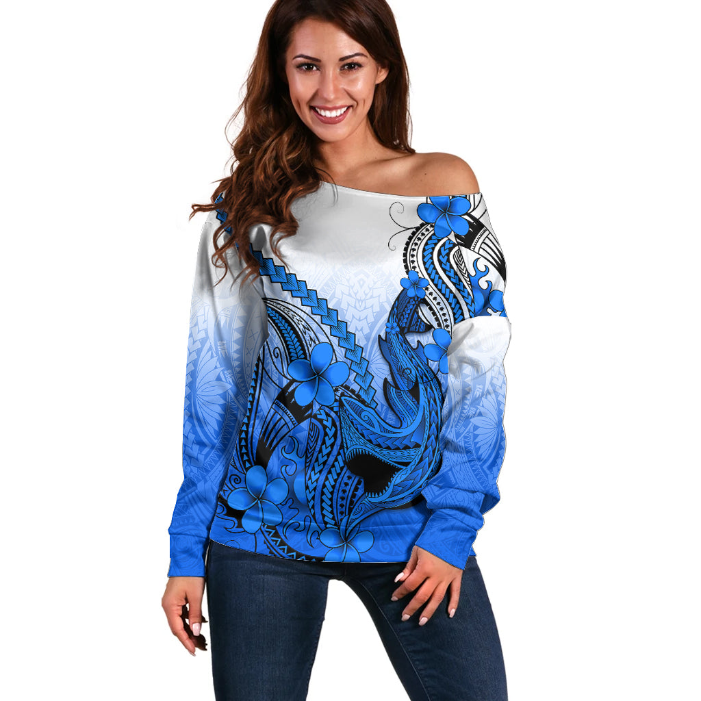 Hawaii Off Shoulder Sweater Polynesian Shark Tattoo With Plumeria Blue Gradient - Wonder Print Shop