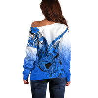 Hawaii Off Shoulder Sweater Polynesian Shark Tattoo With Plumeria Blue Gradient - Wonder Print Shop