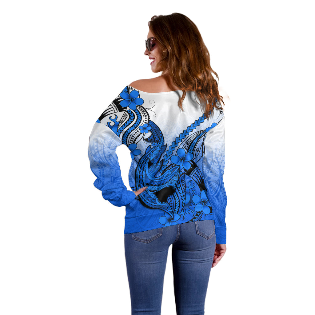 Hawaii Off Shoulder Sweater Polynesian Shark Tattoo With Plumeria Blue Gradient - Wonder Print Shop