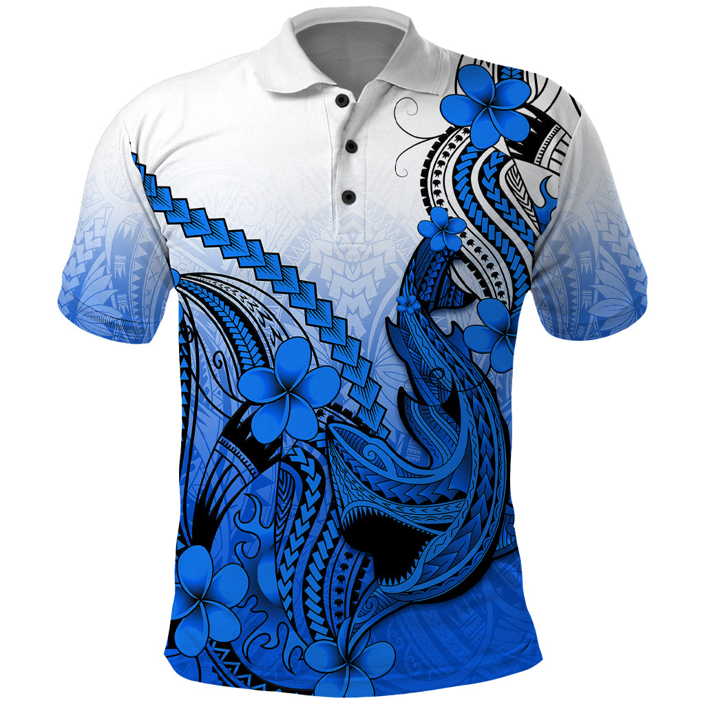 Hawaii Polo Shirt Polynesian Shark Tattoo With Plumeria Blue Gradient - Wonder Print Shop