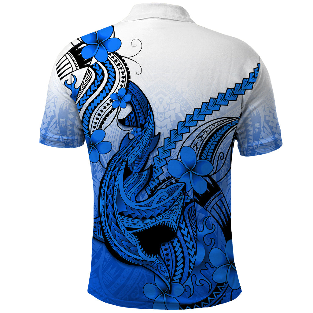Hawaii Polo Shirt Polynesian Shark Tattoo With Plumeria Blue Gradient - Wonder Print Shop