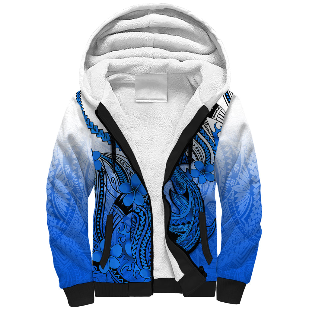 Hawaii Sherpa Hoodie Polynesian Shark Tattoo With Plumeria Blue Gradient - Wonder Print Shop