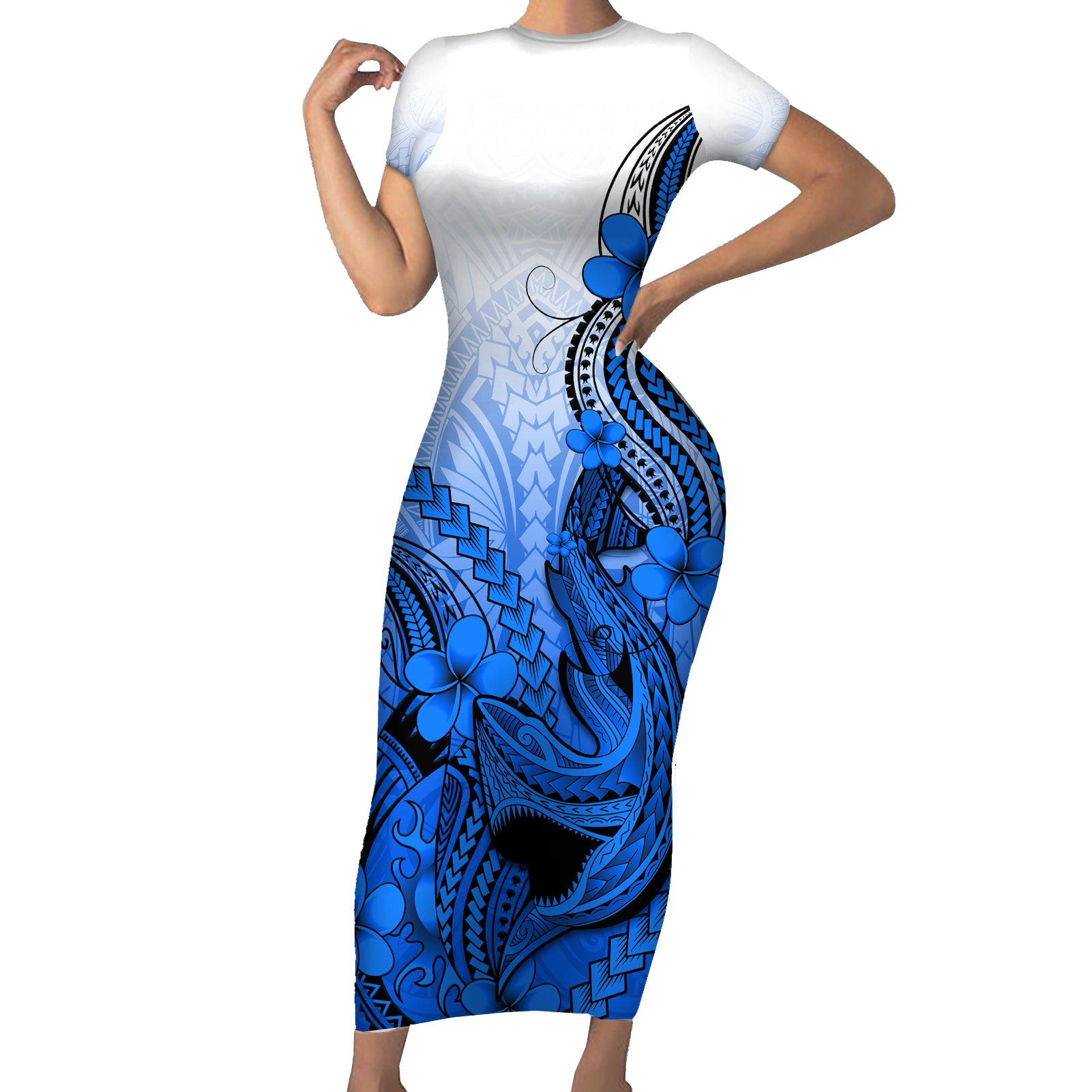 Hawaii Short Sleeve Bodycon Dress Polynesian Shark Tattoo With Plumeria Blue Gradient - Wonder Print Shop