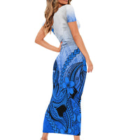 Hawaii Short Sleeve Bodycon Dress Polynesian Shark Tattoo With Plumeria Blue Gradient - Wonder Print Shop