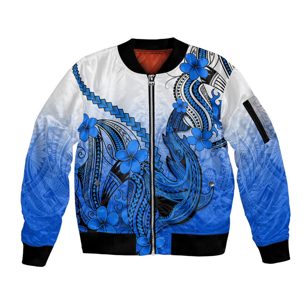 Hawaii Sleeve Zip Bomber Jacket Polynesian Shark Tattoo With Plumeria Blue Gradient - Wonder Print Shop