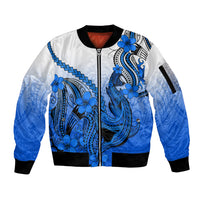 Hawaii Sleeve Zip Bomber Jacket Polynesian Shark Tattoo With Plumeria Blue Gradient - Wonder Print Shop