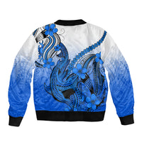 Hawaii Sleeve Zip Bomber Jacket Polynesian Shark Tattoo With Plumeria Blue Gradient - Wonder Print Shop