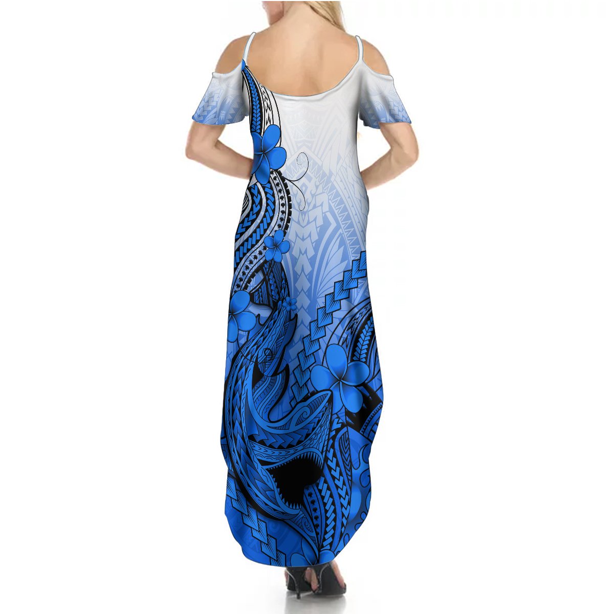 Hawaii Summer Maxi Dress Polynesian Shark Tattoo With Plumeria Blue Gradient - Wonder Print Shop
