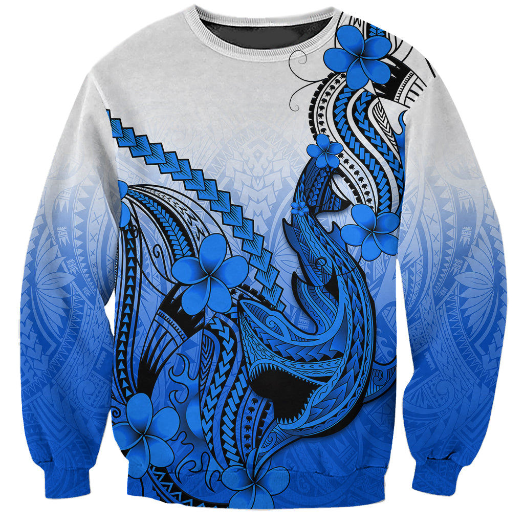 Hawaii Sweatshirt Polynesian Shark Tattoo With Plumeria Blue Gradient - Wonder Print Shop
