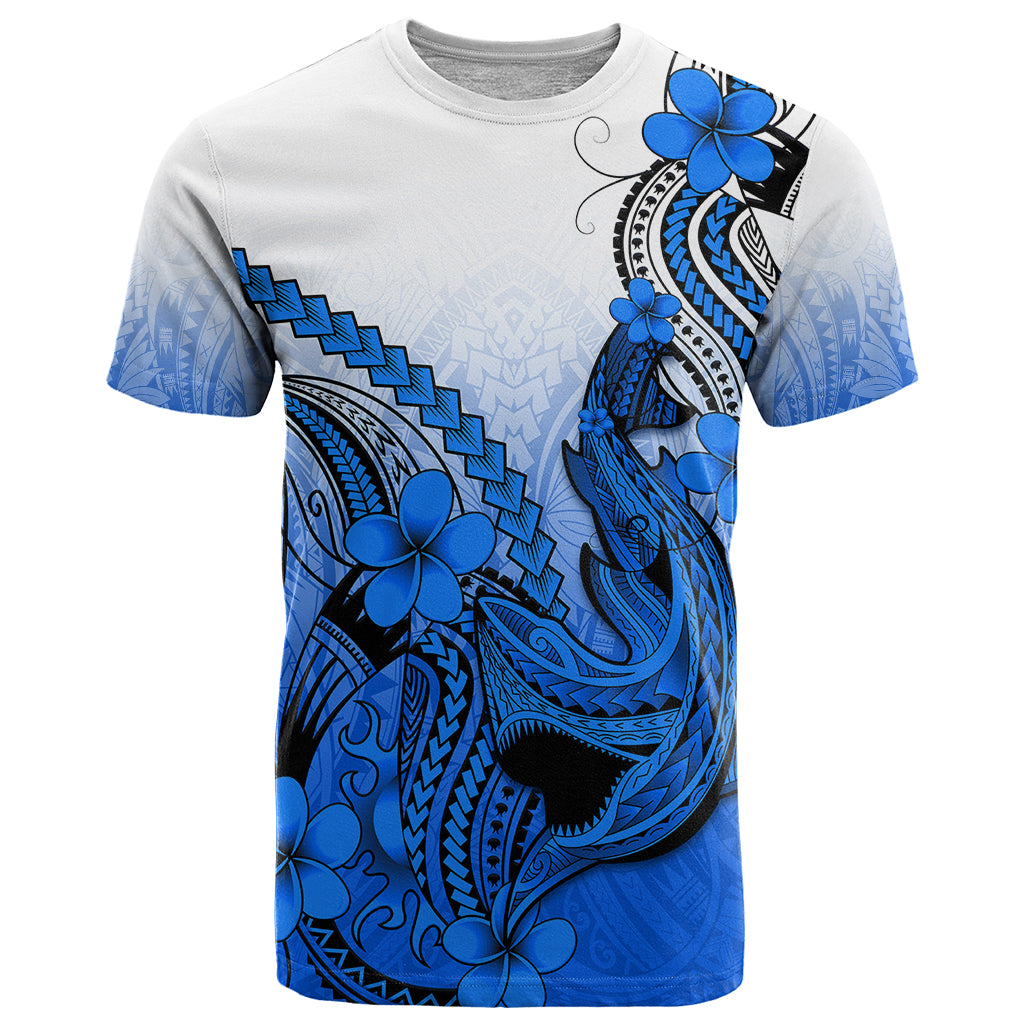 Hawaii T Shirt Polynesian Shark Tattoo With Plumeria Blue Gradient - Wonder Print Shop