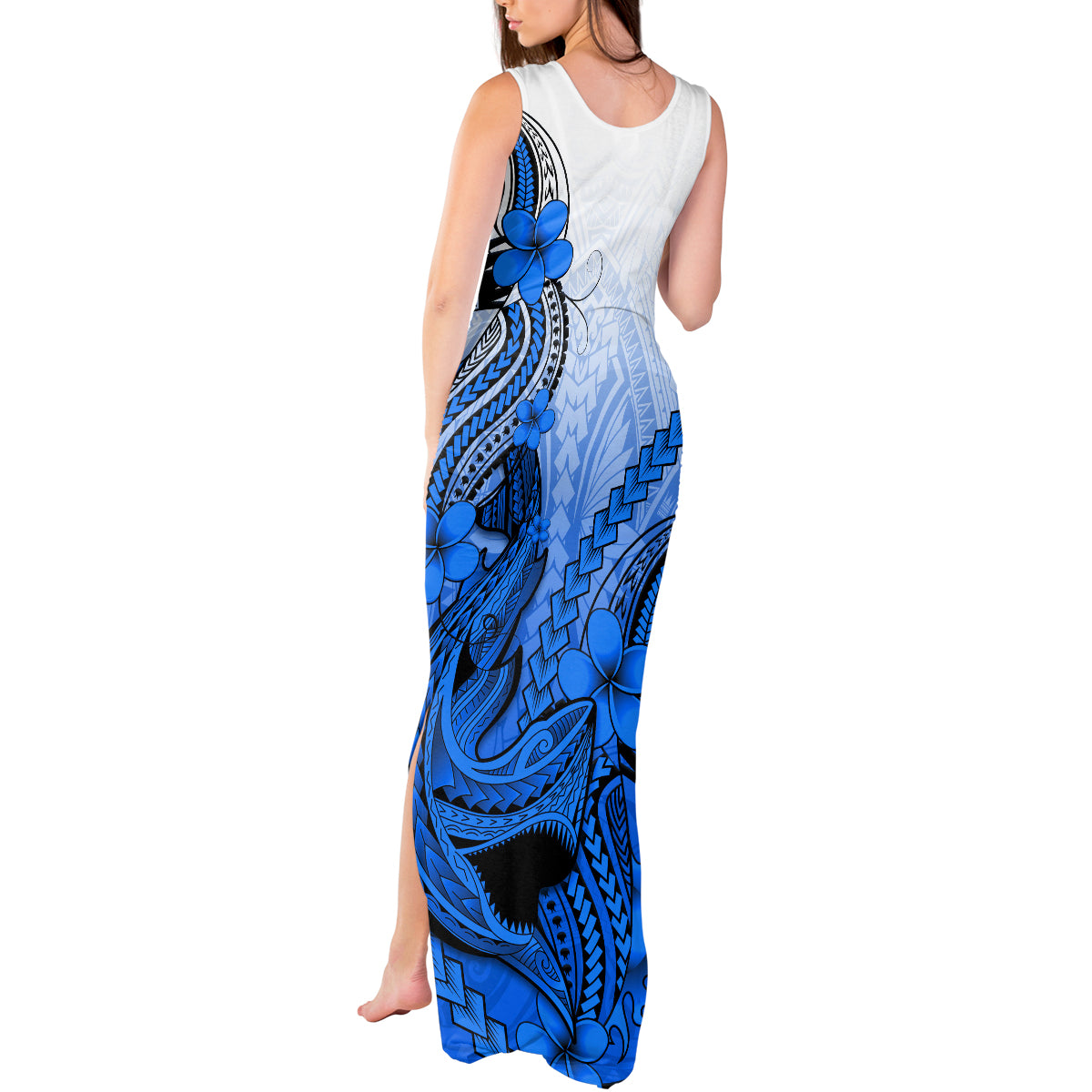 Hawaii Tank Maxi Dress Polynesian Shark Tattoo With Plumeria Blue Gradient - Wonder Print Shop