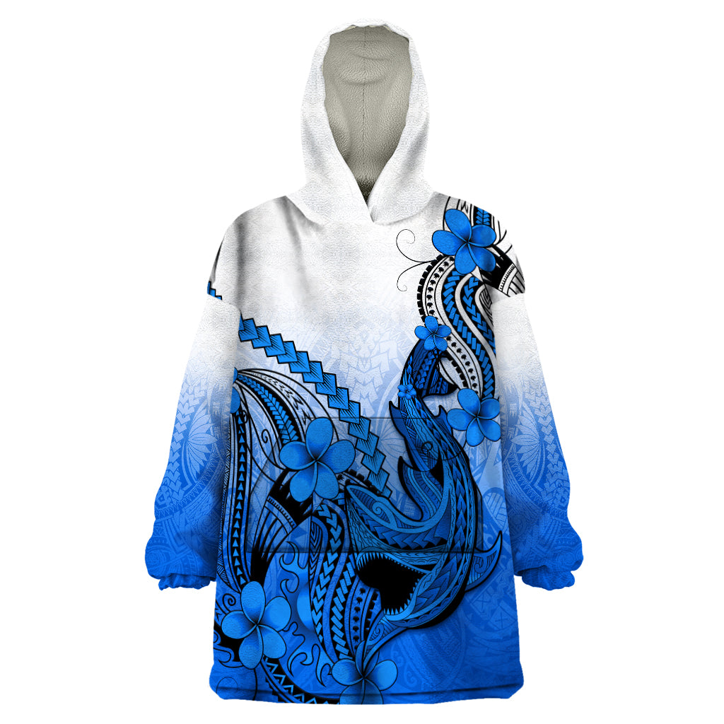 Hawaii Wearable Blanket Hoodie Polynesian Shark Tattoo With Plumeria Blue Gradient - Wonder Print Shop