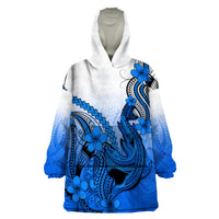Hawaii Wearable Blanket Hoodie Polynesian Shark Tattoo With Plumeria Blue Gradient - Wonder Print Shop