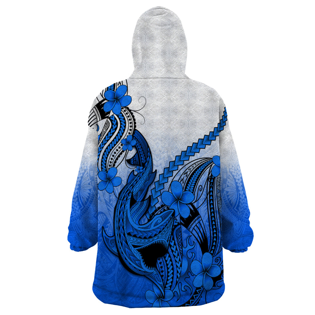 Hawaii Wearable Blanket Hoodie Polynesian Shark Tattoo With Plumeria Blue Gradient - Wonder Print Shop