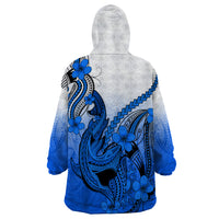 Hawaii Wearable Blanket Hoodie Polynesian Shark Tattoo With Plumeria Blue Gradient - Wonder Print Shop