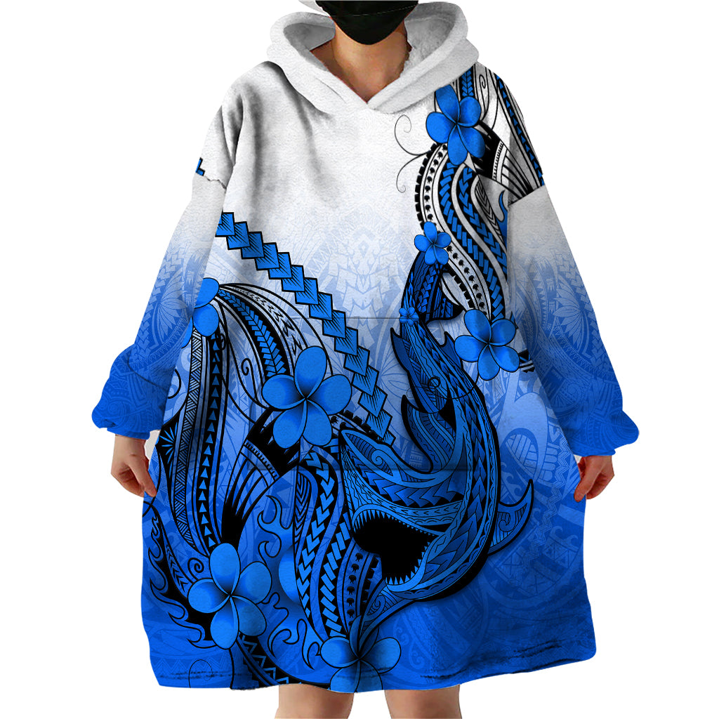 Hawaii Wearable Blanket Hoodie Polynesian Shark Tattoo With Plumeria Blue Gradient - Wonder Print Shop