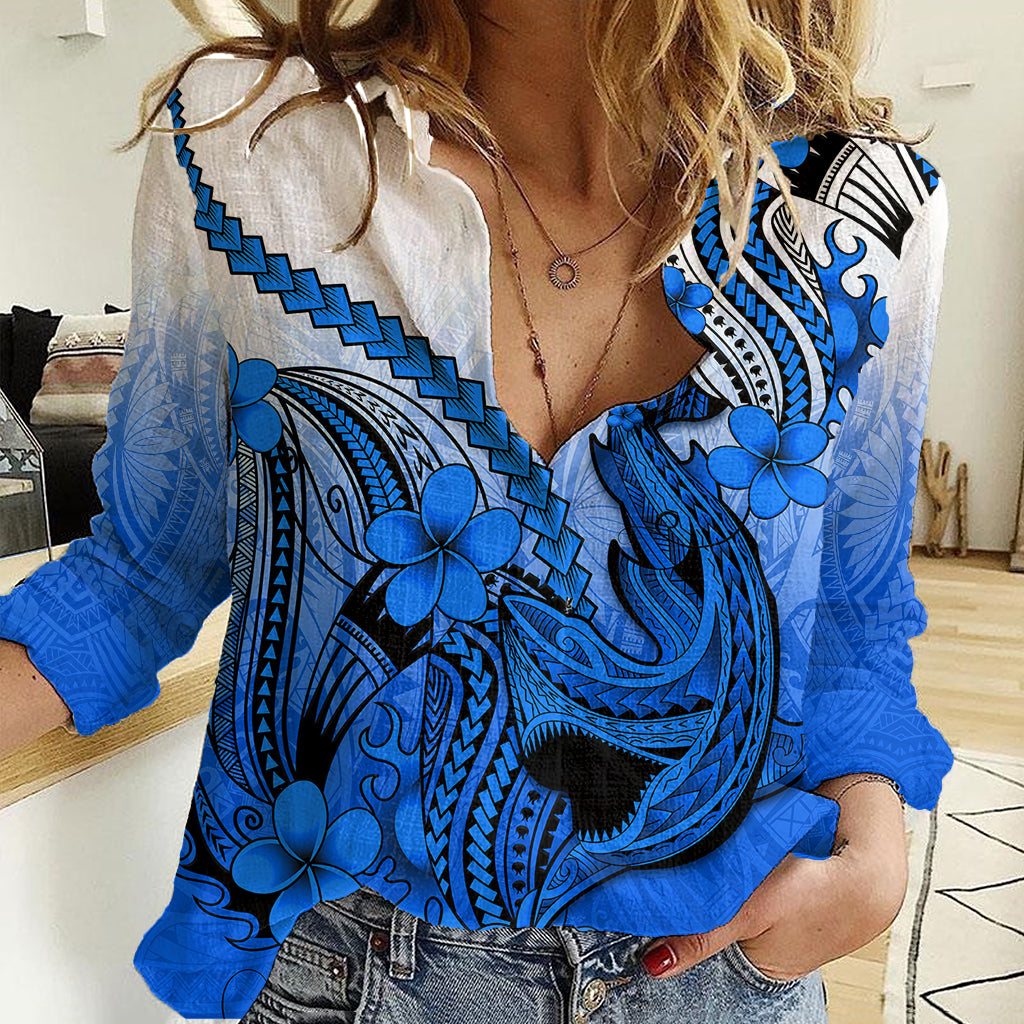 Hawaii Women Casual Shirt Polynesian Shark Tattoo With Plumeria Blue Gradient - Wonder Print Shop
