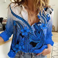 Hawaii Women Casual Shirt Polynesian Shark Tattoo With Plumeria Blue Gradient - Wonder Print Shop