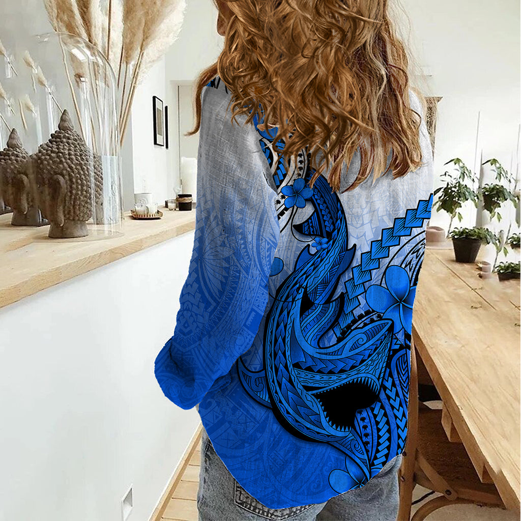 Hawaii Women Casual Shirt Polynesian Shark Tattoo With Plumeria Blue Gradient - Wonder Print Shop