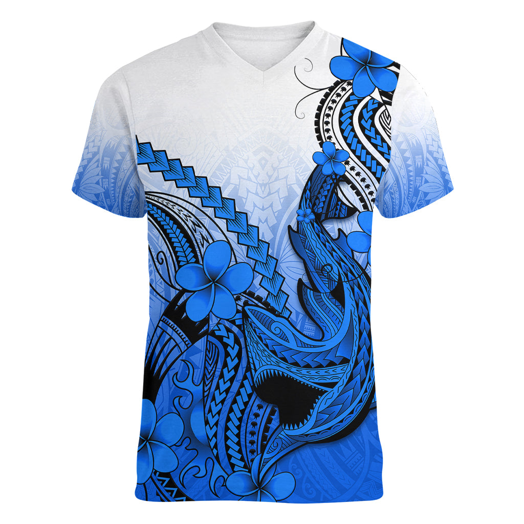 Hawaii Women V Neck T Shirt Polynesian Shark Tattoo With Plumeria Blue Gradient - Wonder Print Shop