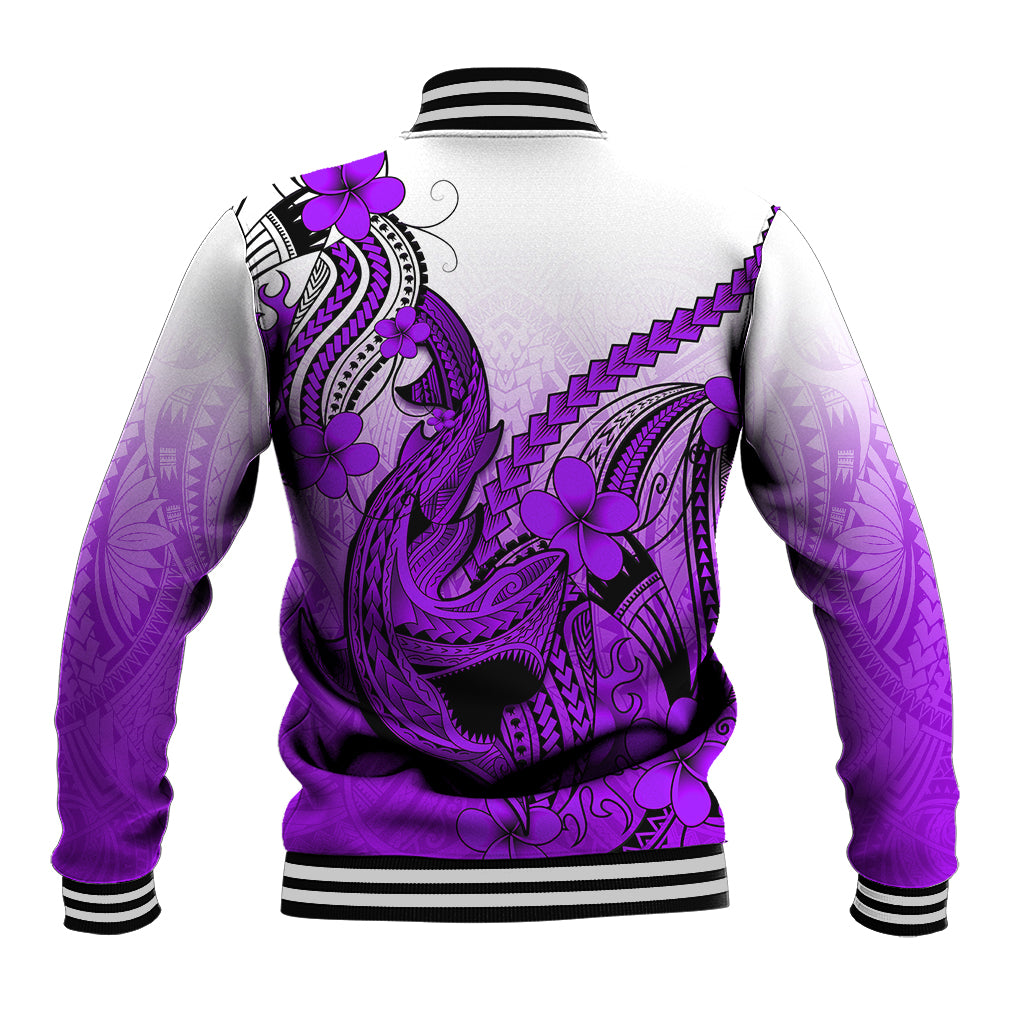 Hawaii Baseball Jacket Polynesian Shark Tattoo With Plumeria Purple Gradient - Wonder Print Shop