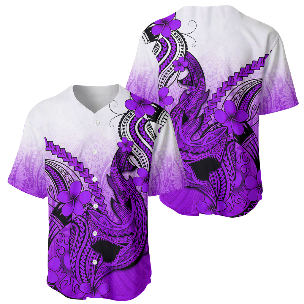 Hawaii Baseball Jersey Polynesian Shark Tattoo With Plumeria Purple Gradient - Wonder Print Shop