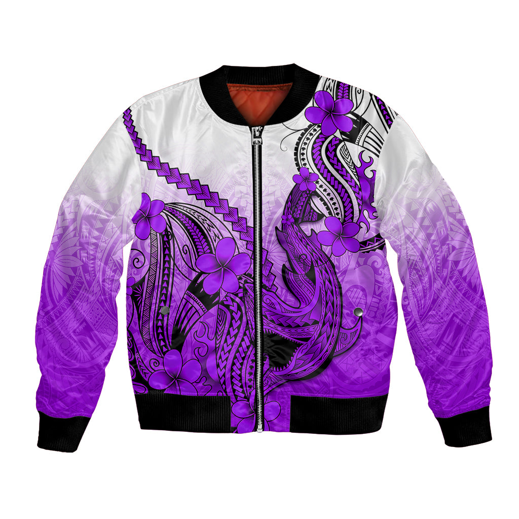 Hawaii Bomber Jacket Polynesian Shark Tattoo With Plumeria Purple Gradient - Wonder Print Shop