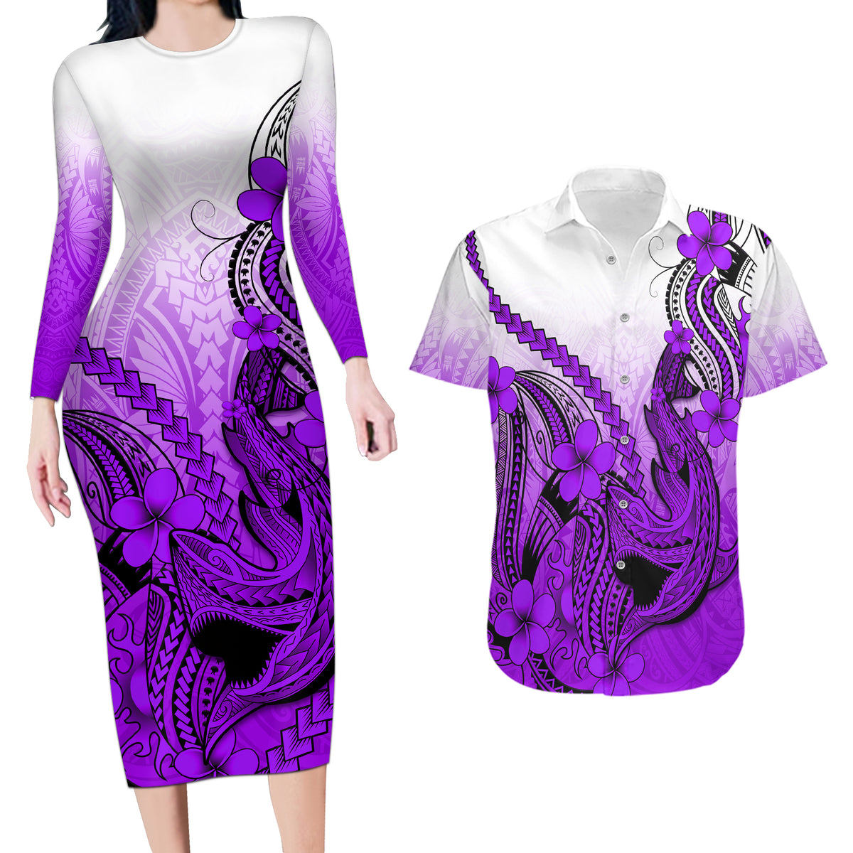 Hawaii Couples Matching Long Sleeve Bodycon Dress and Hawaiian Shirt Polynesian Shark Tattoo With Plumeria Purple Gradient - Wonder Print Shop