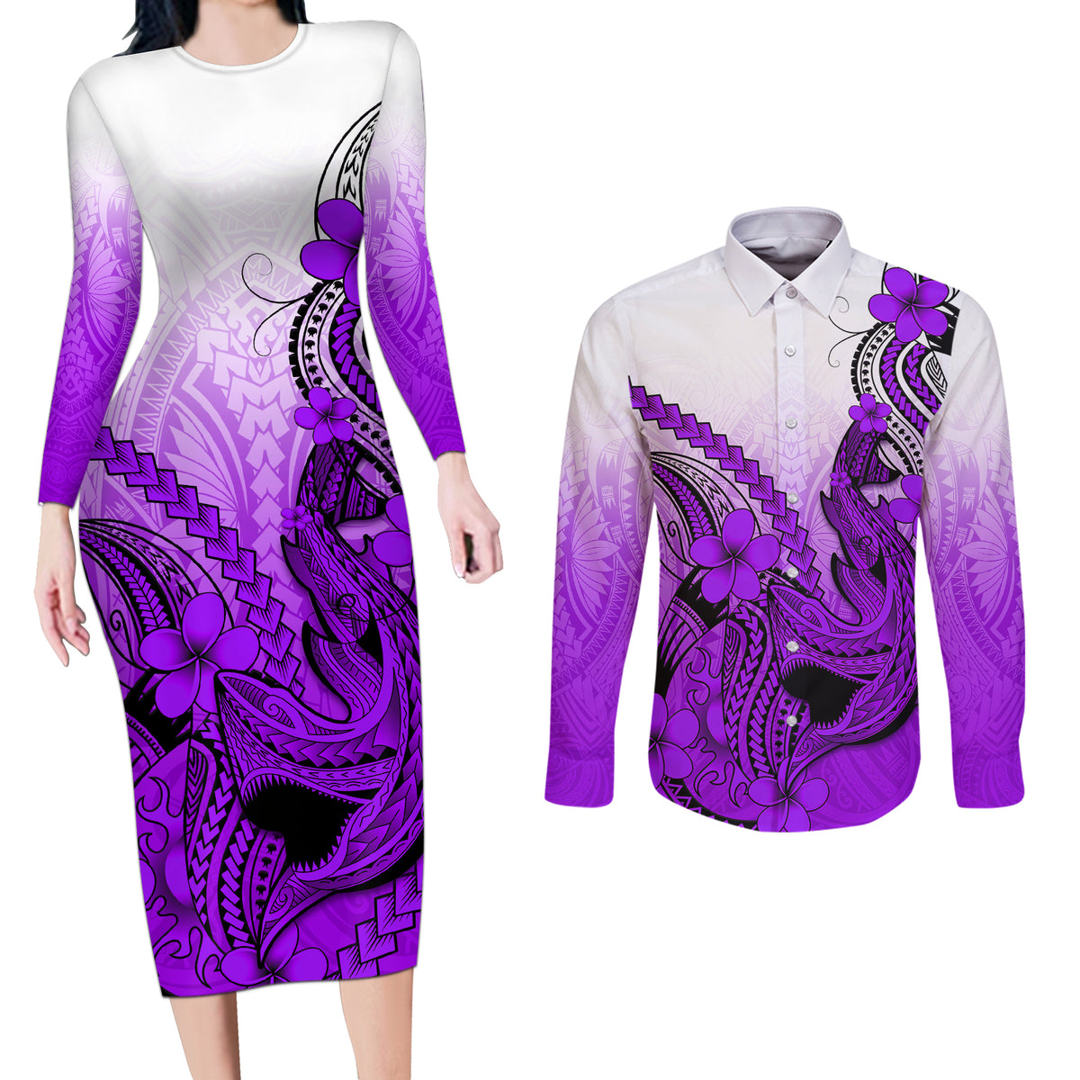 Hawaii Couples Matching Long Sleeve Bodycon Dress and Long Sleeve Button Shirts Polynesian Shark Tattoo With Plumeria Purple Gradient - Wonder Print Shop