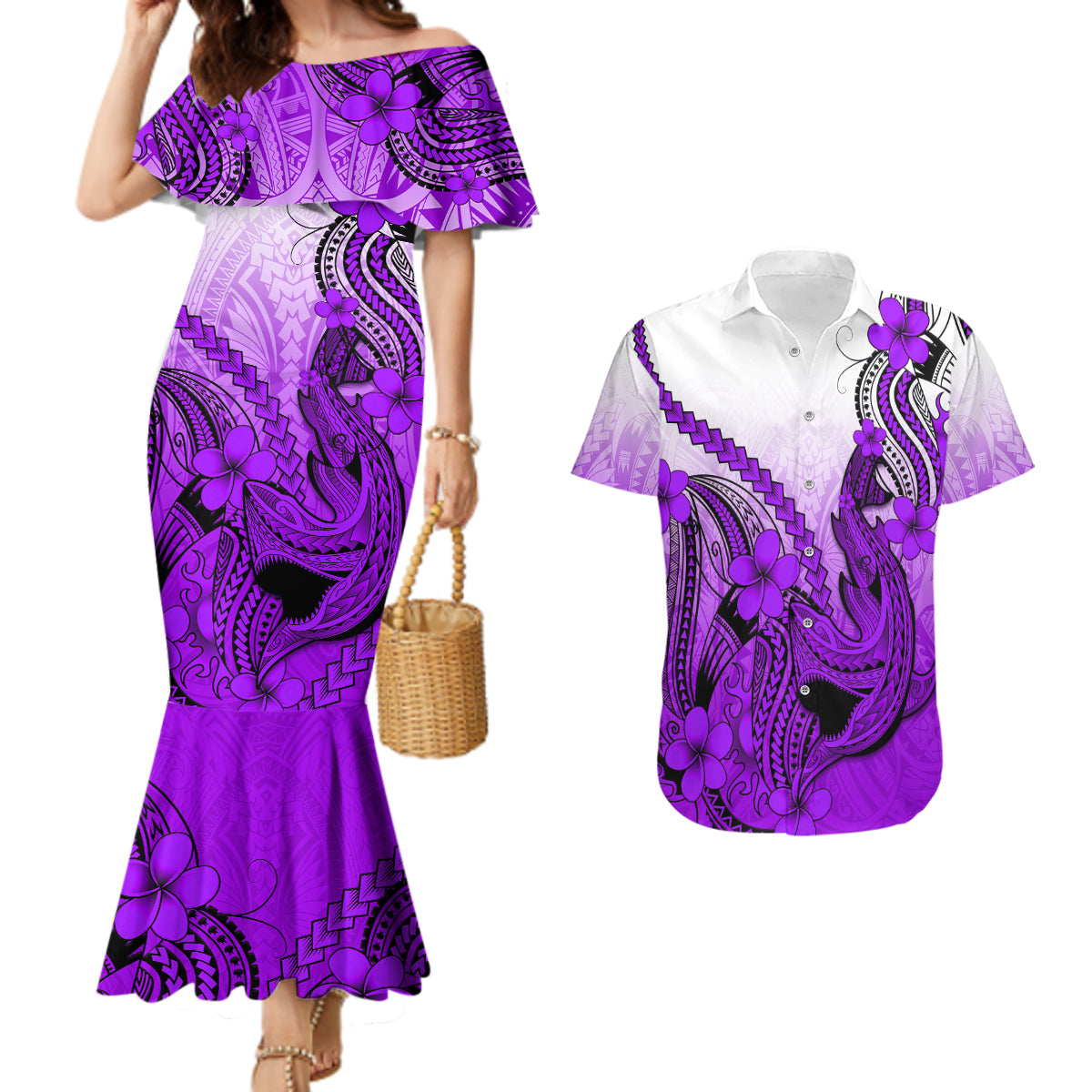 Hawaii Couples Matching Mermaid Dress And Hawaiian Shirt Polynesian Shark Tattoo With Plumeria Purple Gradient - Wonder Print Shop