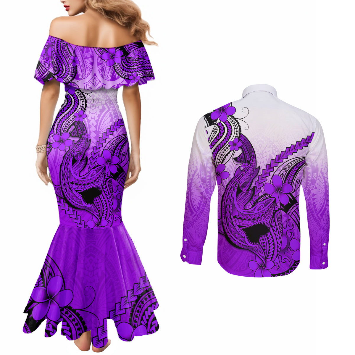 hawaii-couples-matching-mermaid-dress-and-long-sleeve-button-shirts-polynesian-shark-tattoo-with-plumeria-purple-gradient